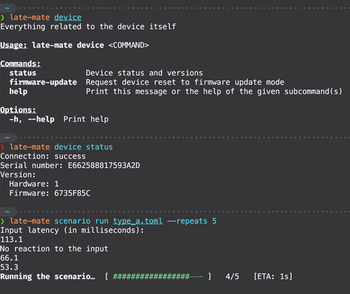 A screenshot of a few Late Mate CLI commands